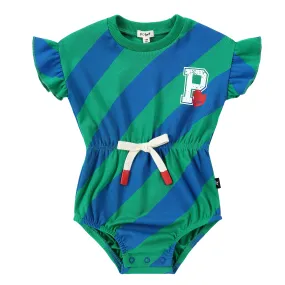 Green and Blue Diagonal Stripe Ruffle Sleeve Romper