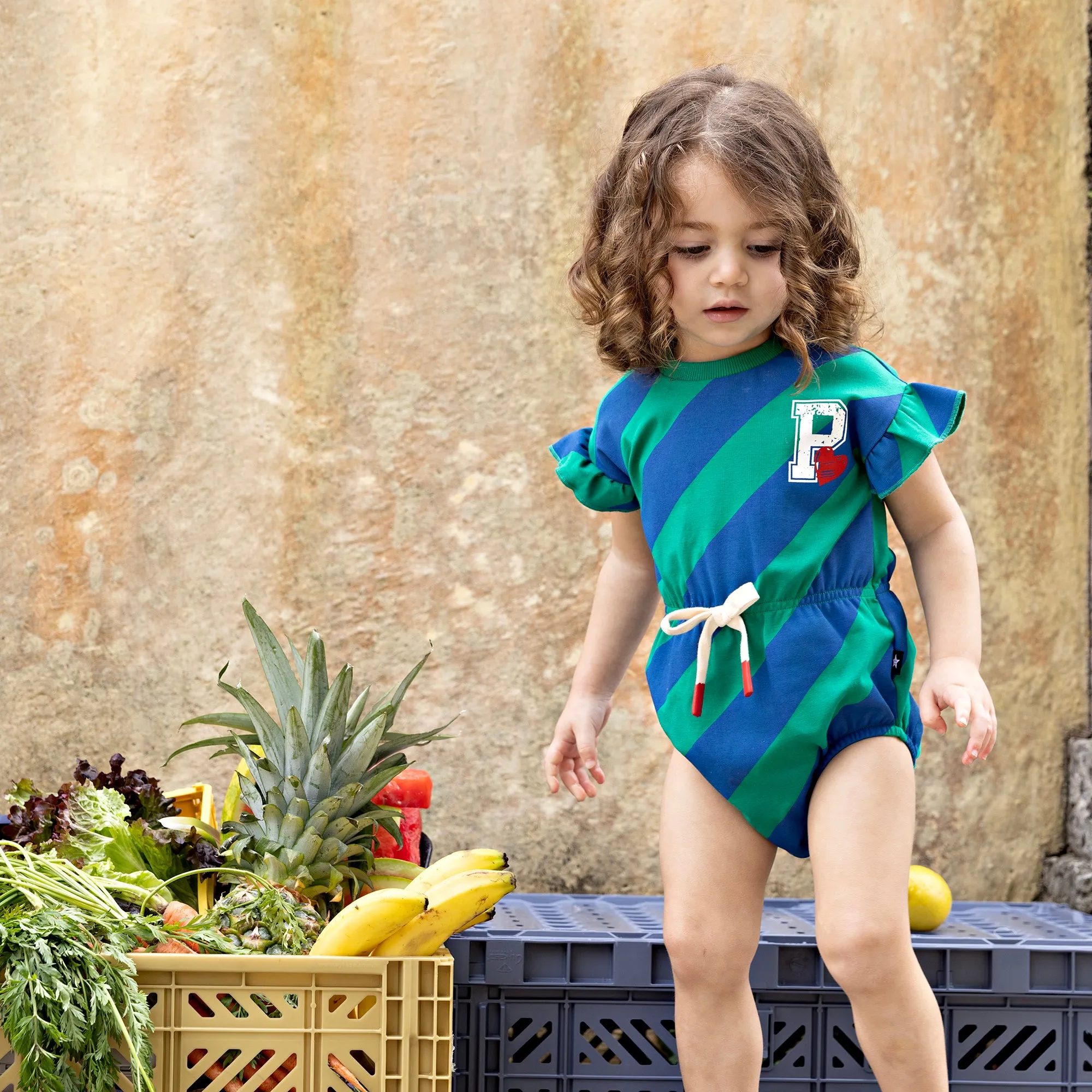 Green and Blue Diagonal Stripe Ruffle Sleeve Romper