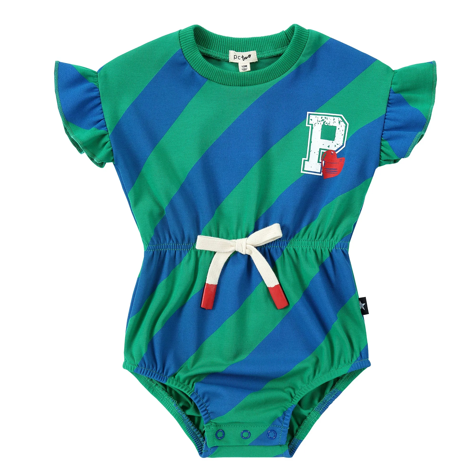 Green and Blue Diagonal Stripe Ruffle Sleeve Romper