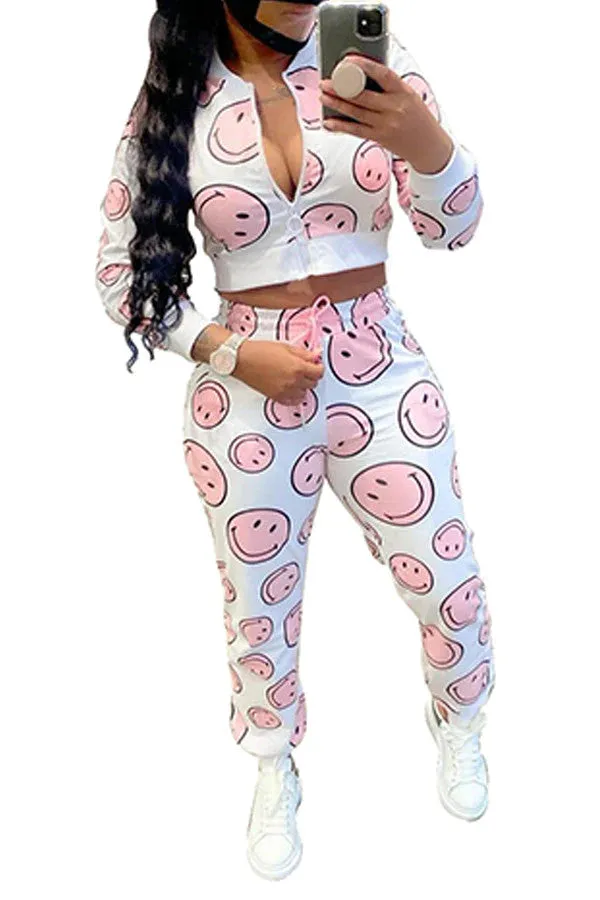 MB FASHION Smiley Face Print Cropped Jacket and Jogger Set 8243R S ONLY
