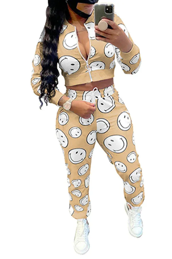 MB FASHION Smiley Face Print Cropped Jacket and Jogger Set 8243R S ONLY