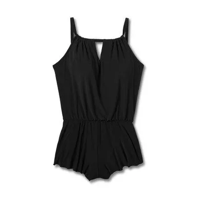 Open Box - Women's High Neck Swim Romper with Pockets One Piece Swimsuit - Aqua Green® Black XL