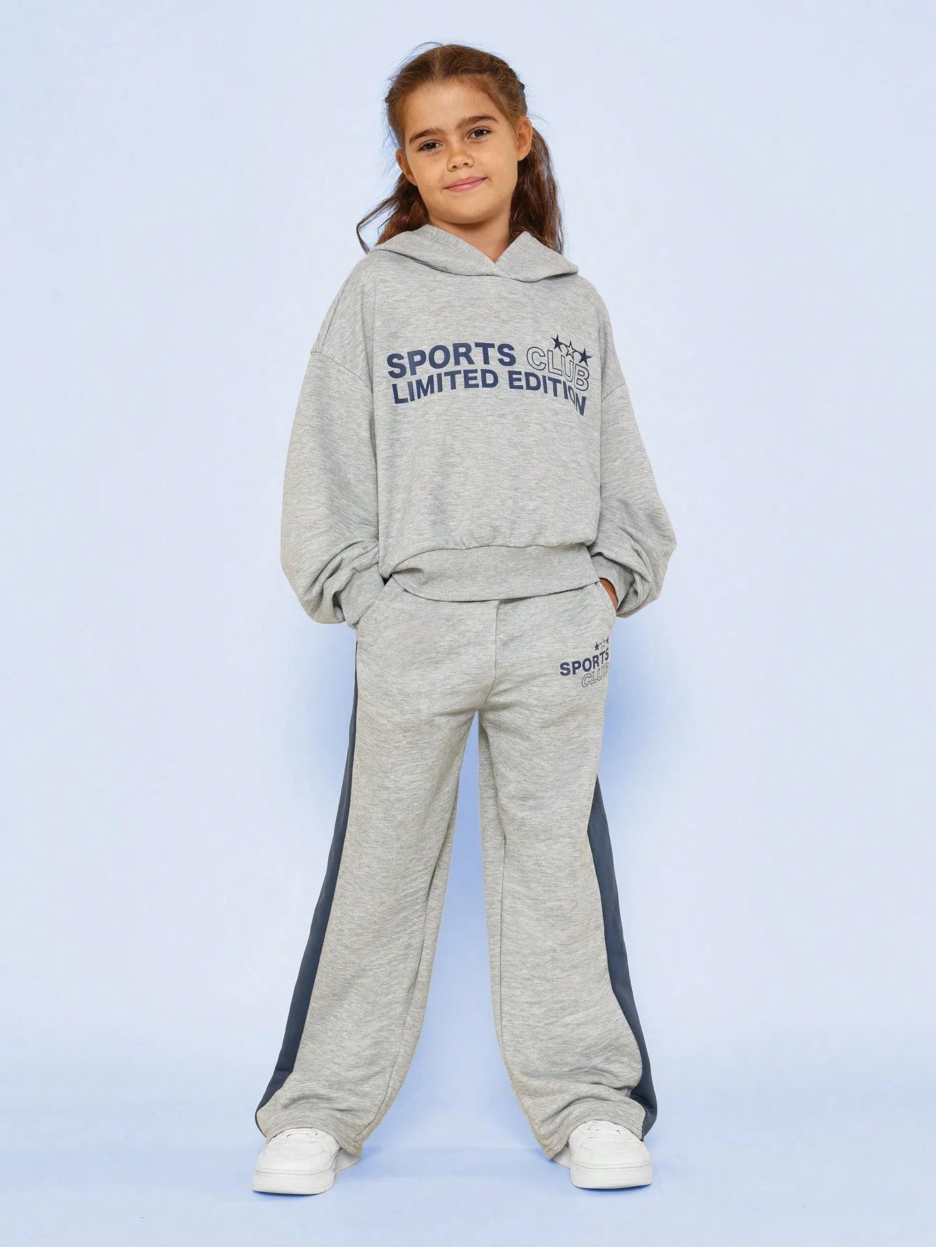 Tween Girls Overhead Hoodie And Contrast Colour Straight Fit Pant With Graphic Print 2 Piece Set