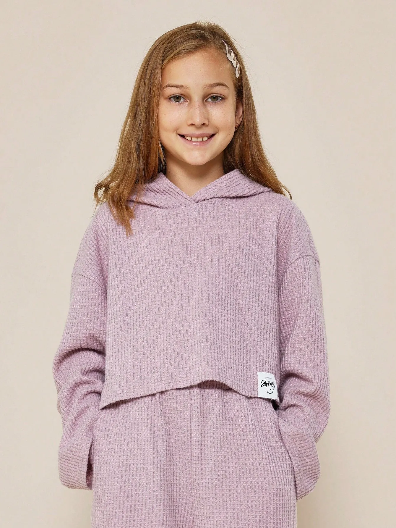 Tween Girls Pink Brush Waffle Hoodie And Sweatpants 2 Piece Set