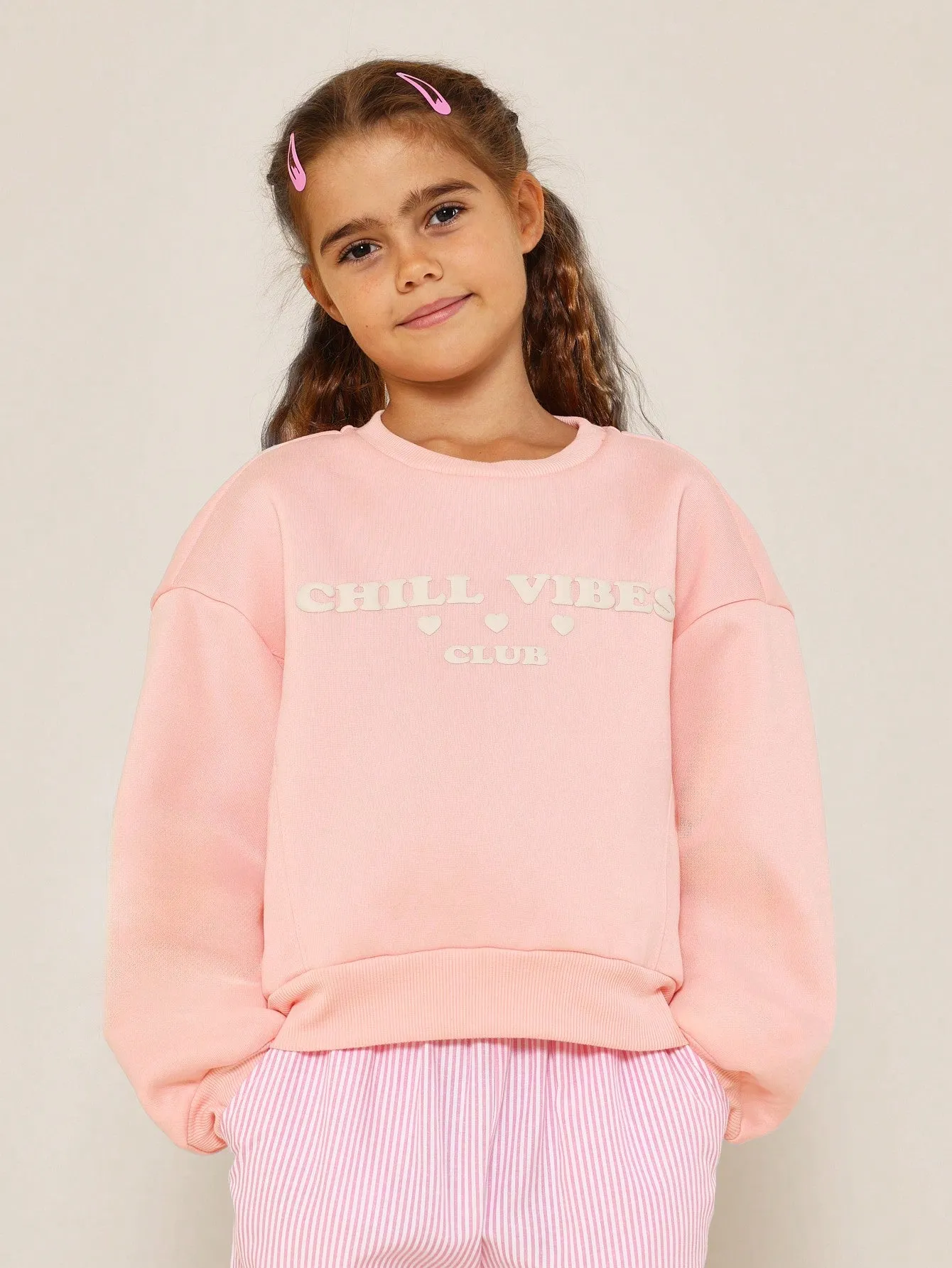 Tween Girls Pink Regular Fit Sweatshirt With Graphic Print And Stripe Pant 2 Piece Set