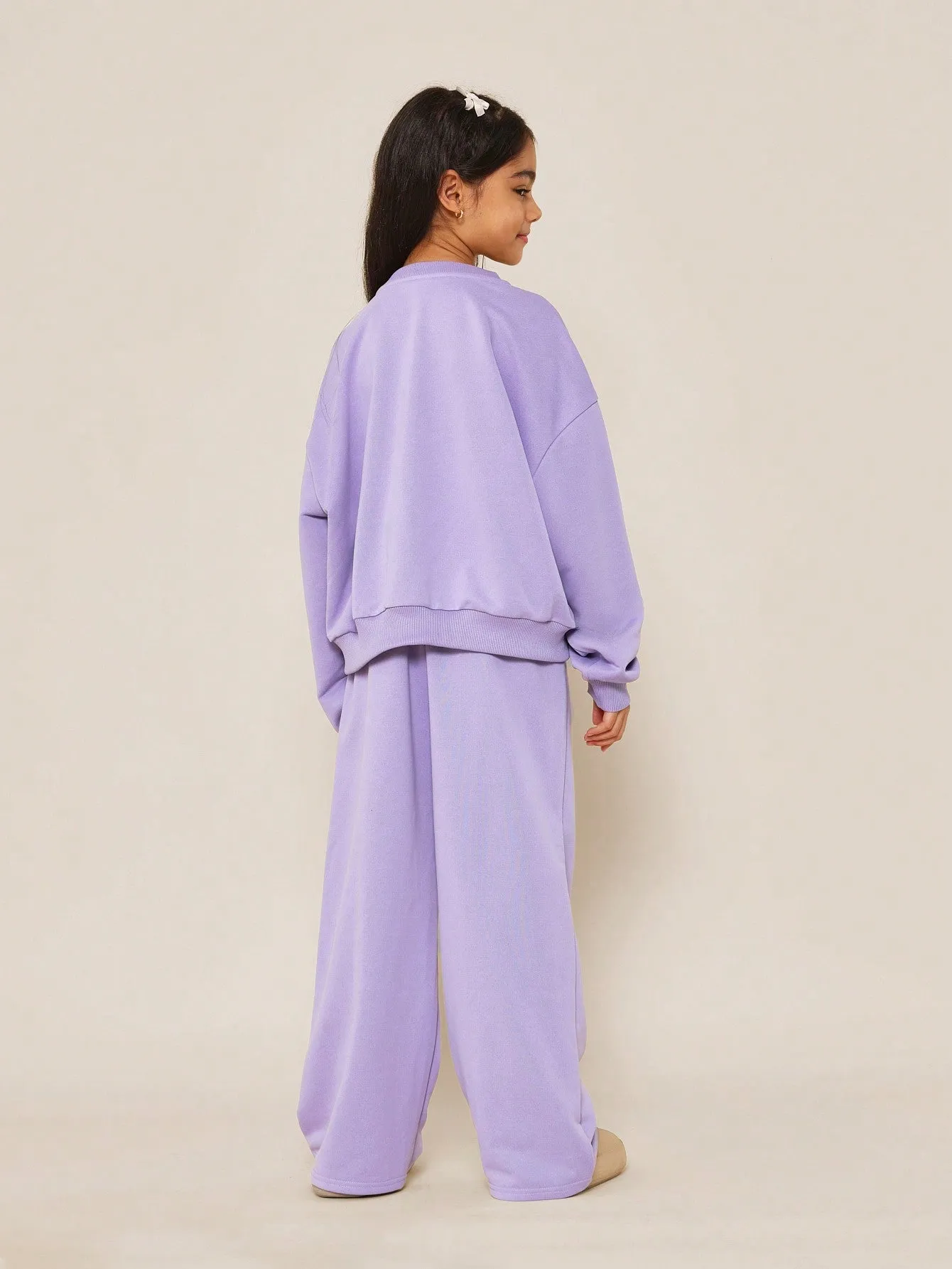 Tween Girls Purple Sweatshirt And Straight Fit Jogger  With Puff Print 2 Piece Set