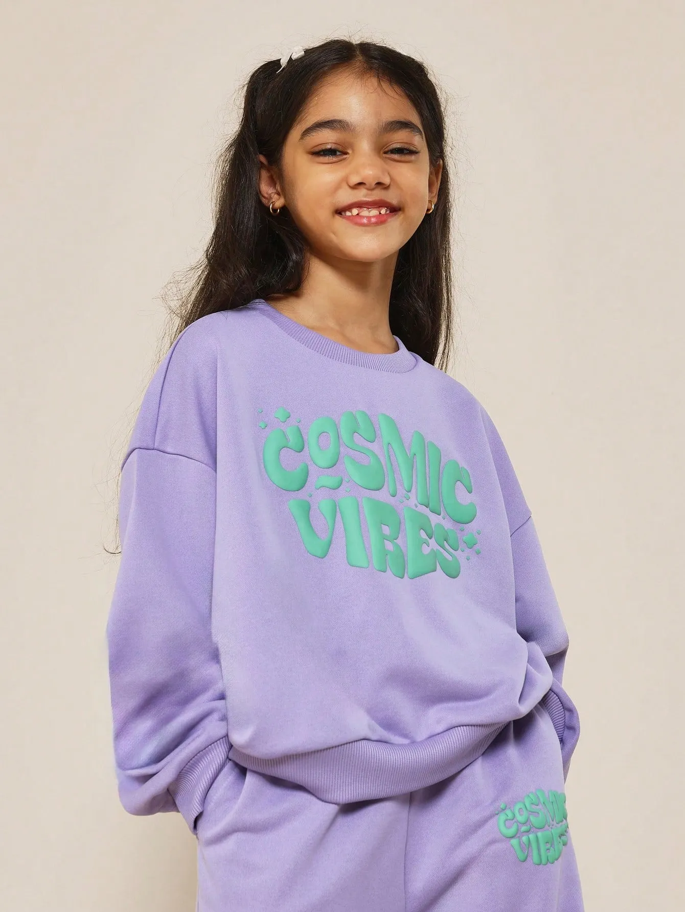 Tween Girls Purple Sweatshirt And Straight Fit Jogger  With Puff Print 2 Piece Set