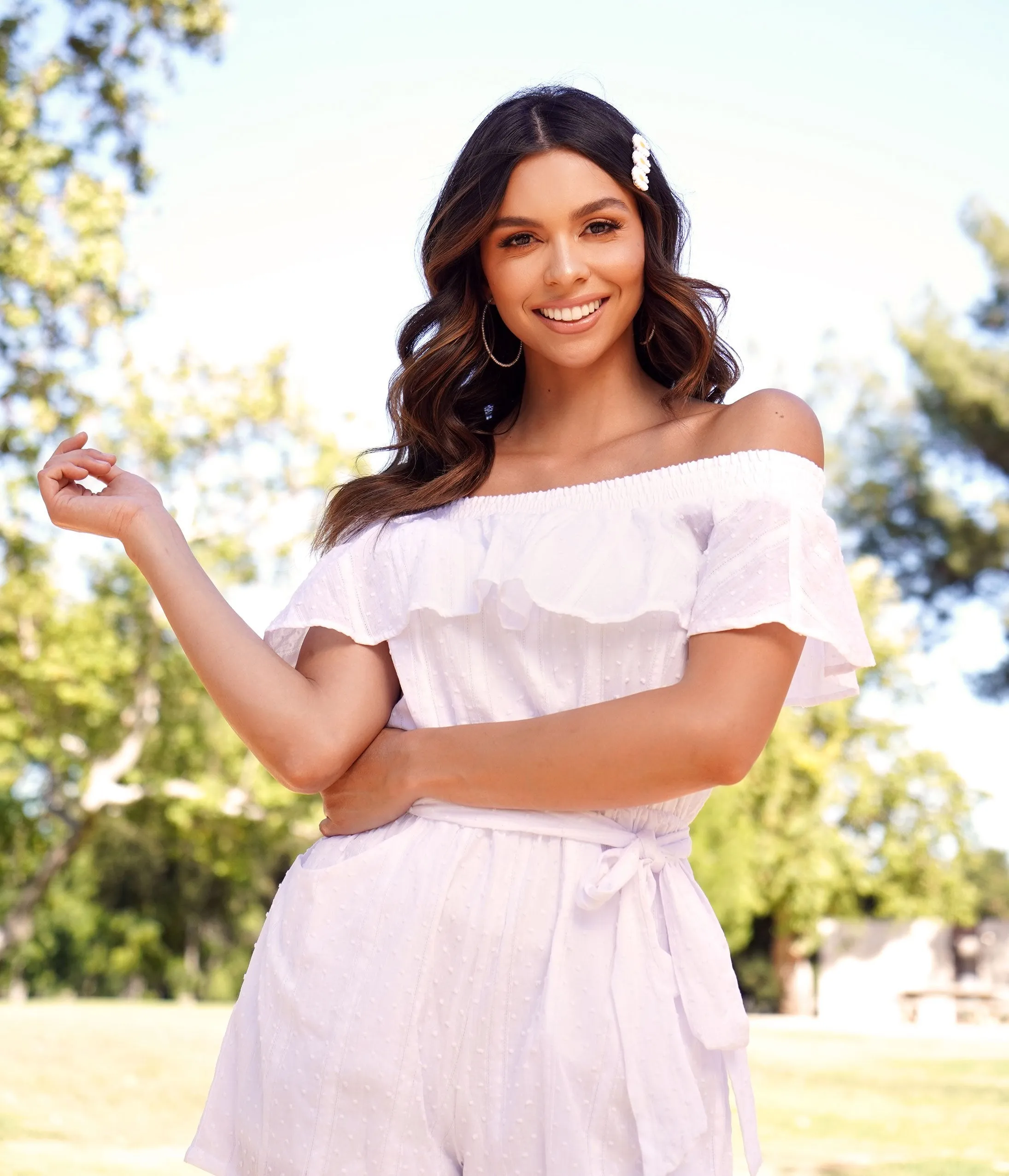 Unique Vintage White Swiss Dotted Off Shoulder Allie Romper